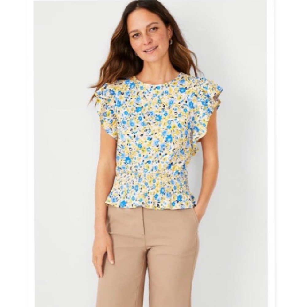 NWT ANN TAYLOR FLORAL SMOCKED WAIST FLUTTER SLEEVE TOP LARGE SIZE